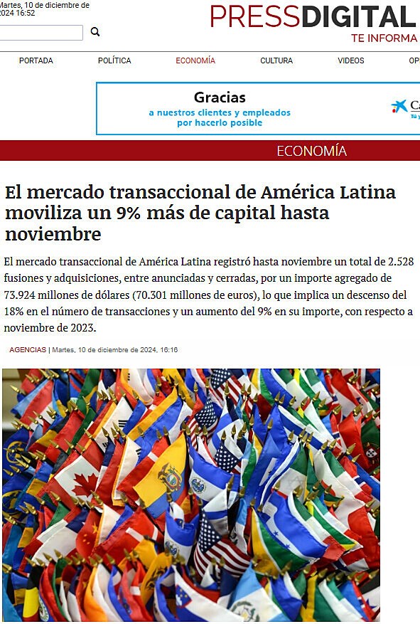 El mercado transaccional de Amrica Latina moviliza un 9% ms de capital hasta noviembre